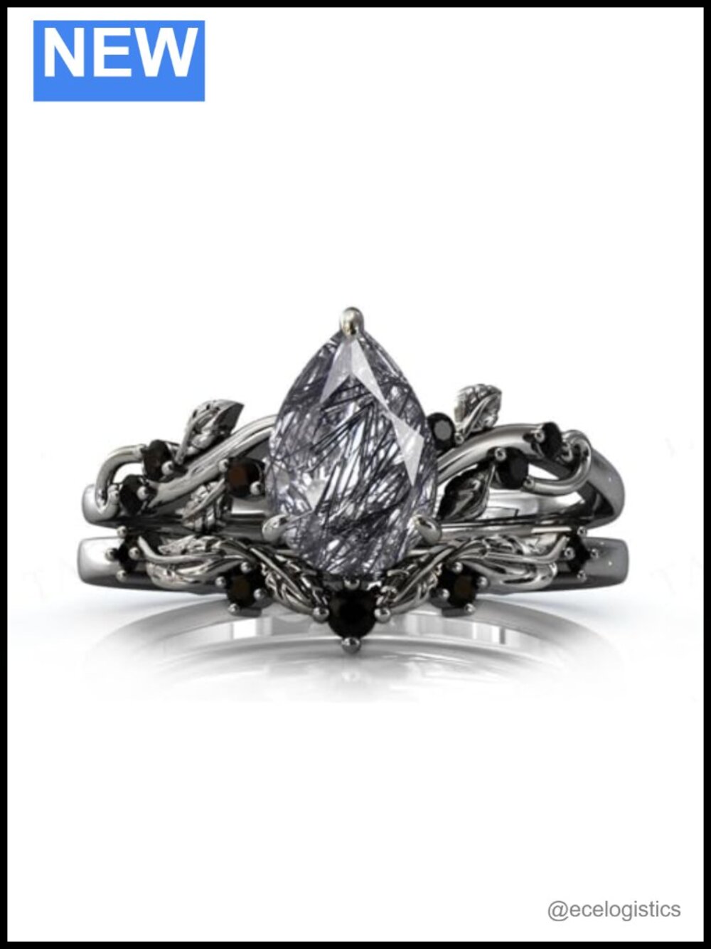Pear Cut Black Rutilated Quartz Engagement Ring Set 925 Sterling Silver Bridal